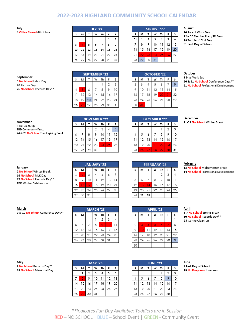 Calendar Highland Community School